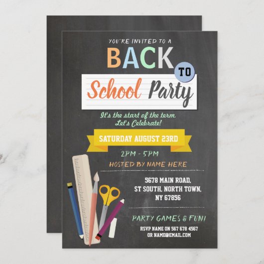 新学期パーティー先生シャルボードおもしろい招待状 招待状 (正面/裏面)