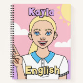 新学期ブロンドピンク漫画ガール件名 ノートブック (正面)
