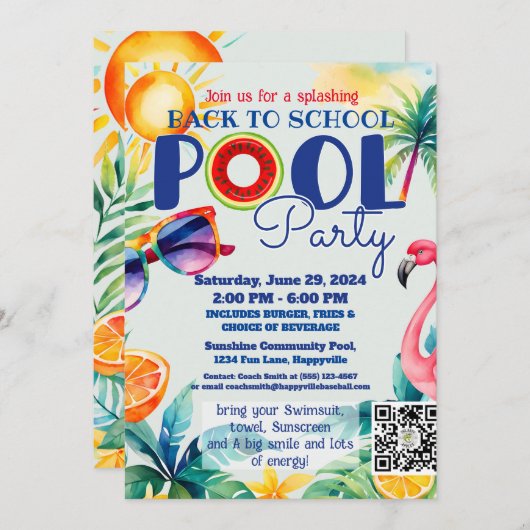 新学期プールパーティークラスの友人の誕生日 招待状 (正面/裏面)