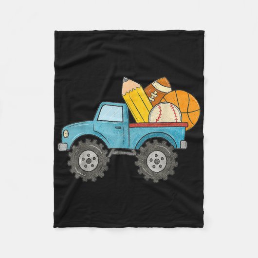 新学期モンスタートラックベースボールサッカーバス フリースブランケット (正面)