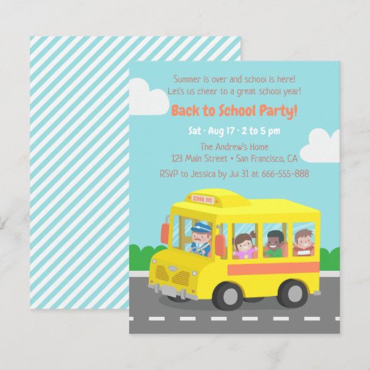 新学期黄色バス子供パーティー招待状 招待状 (正面/裏面)
