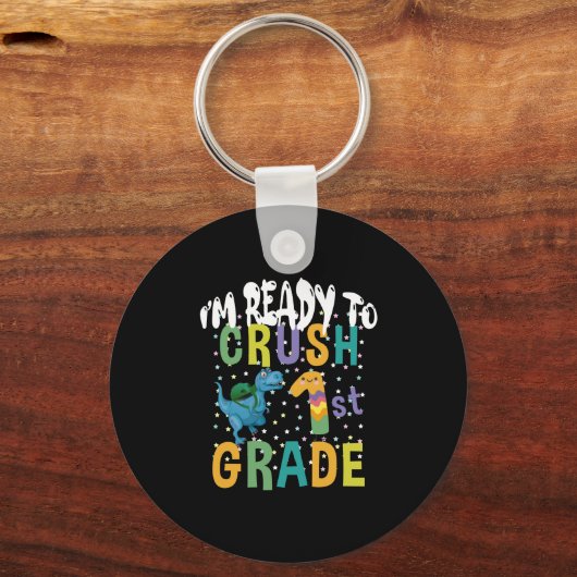 新学期1年生のディーノをつぶす準備ができている キーホルダー (正面)