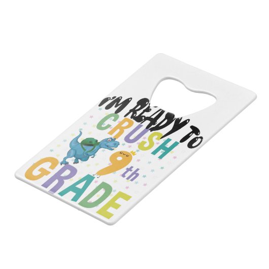 新学期9年生のディノをつぶす準備ができている クレジットカード栓抜き (正面アングル)