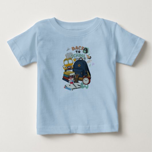 新学期 バッグ スクールバス 本のデザイン ベビーTシャツ (正面)