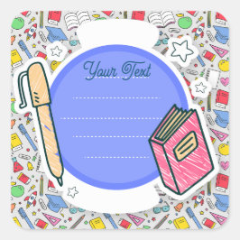 新学期。学校用品の背景 スクエアシール