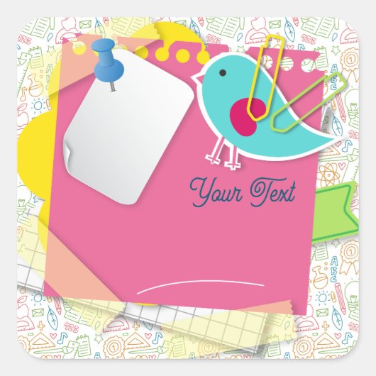 新学期。学校用品の背景 スクエアシール (正面)