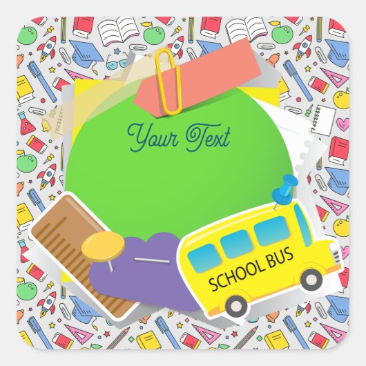 新学期。学校用品の背景 スクエアシール (正面)