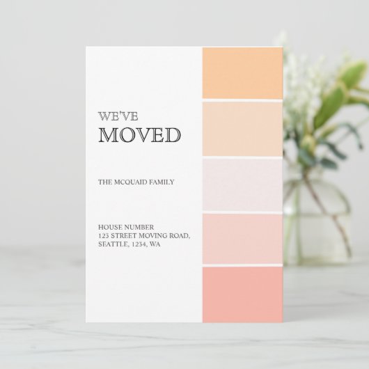 新居のお知らせ ローズピンクの桃の発表 案内状 (スタンド正面)