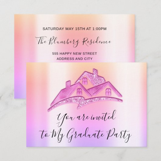 新居への引越しお祝い ピンクの招待状 招待状 (正面/裏面)