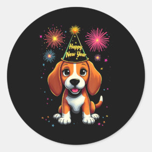 新年あけましておめでとうございます 2025 年大晦日 花火 犬 おもしろ ビーグル ラウンドシール