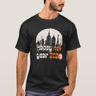 新年あけましておめでとうございます 2027 世界の都市のスカイライン レトロGIF Tシャツ