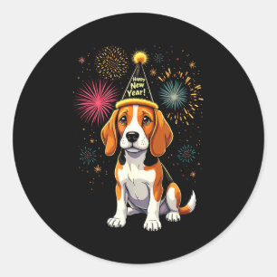 新年あけましておめでとう2025年大晦日花火ビーグル犬おもしろデザイン ラウンドシール