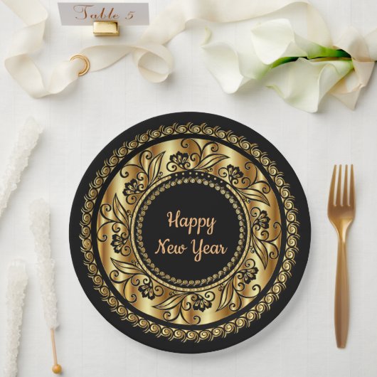 新年おめでとうエレガント、黒と金ゴールド。 ペーパープレート (ウェディング)