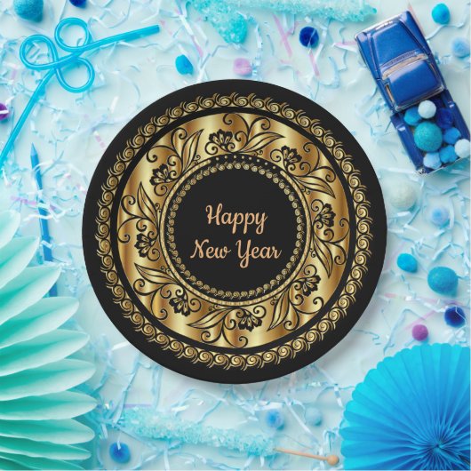 新年おめでとうエレガント、黒と金ゴールド。 ペーパープレート (パーティー)