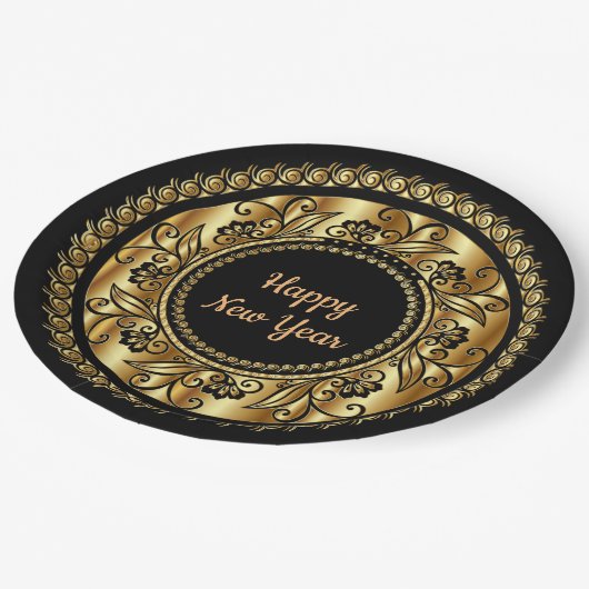 新年おめでとうエレガント、黒と金ゴールド。 ペーパープレート (アングル)
