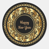 新年おめでとうエレガント、黒と金ゴールド。 ラウンドシール (正面)