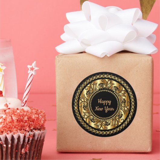 新年おめでとうエレガント、黒と金ゴールド。 ラウンドシール (パーティー)