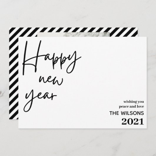 新年おめでとうモダン、白黒ストライプ写真 シーズンカード (正面/裏面)