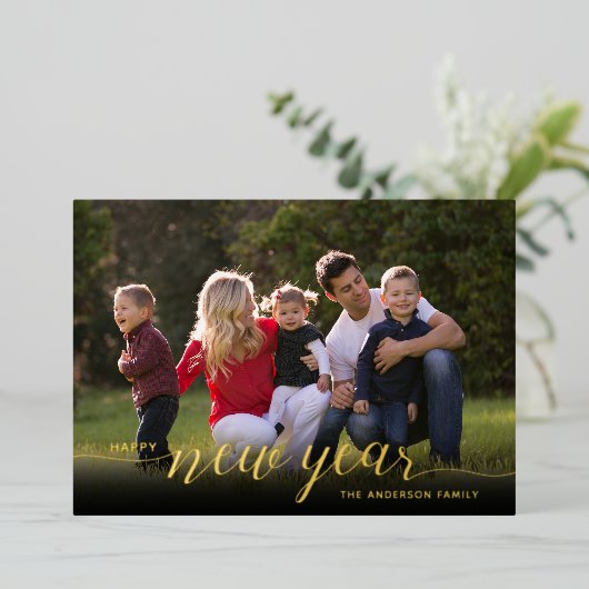 新年おめでとう書道1写真金ゴールド 箔シーズンカード (立ち正面)