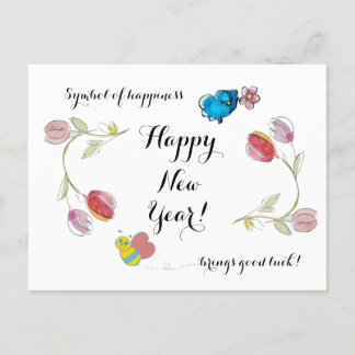 新年おめでとう花と幸福の象徴 ポストカード