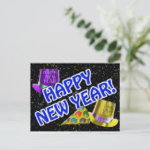 新年おめでとう青い文字(パーティー帽子あり) シーズンポストカード (スタンド正面)