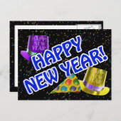 新年おめでとう青い文字(パーティー帽子あり) シーズンポストカード (正面/裏面)