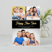 新年おめでとう3枚の写真ブラックと金ゴールド 箔シーズンカード (立ち正面)