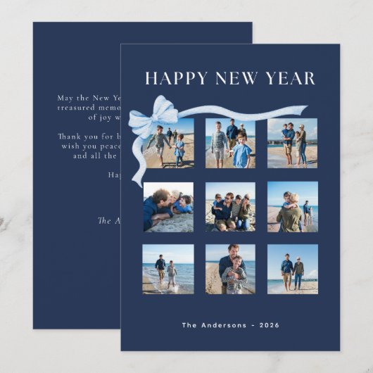 新年おめでとう ネイビーブルー 9枚の写真ボウ シーズンカード (正面/裏面)