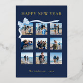 新年おめでとう ネイビーブルー 9枚の写真ボウ 箔シーズンカード (正面)