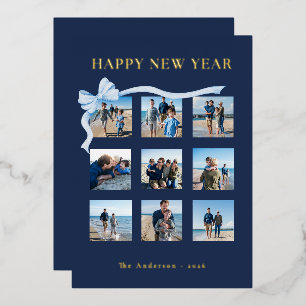 新年おめでとう ネイビーブルー 9枚の写真ボウ 箔シーズンカード