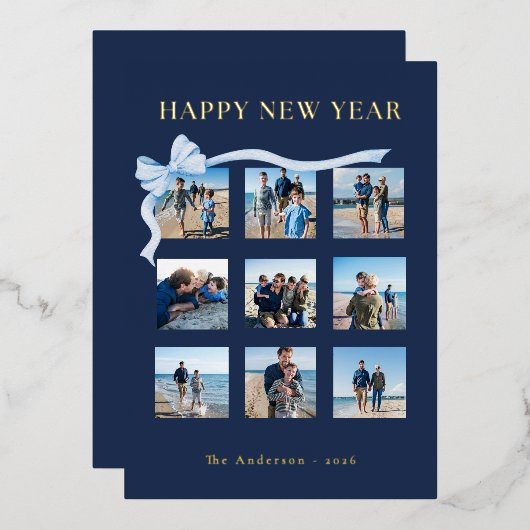 新年おめでとう ネイビーブルー 9枚の写真ボウ 箔シーズンカード (正面/裏面)