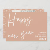 新年おめでとう、モダン赤面ピンクの白い写真 シーズンカード (正面/裏面)