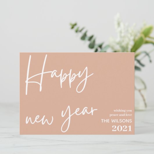 新年おめでとう、モダン赤面ピンクの白い写真 シーズンカード (スタンド正面)