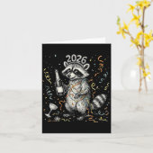 新年おめでとう ラクーンとシャンパン 面白い新年 カード (黄色い花)