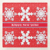 新年おめでとう!冬の白い雪片の赤い模様 ガラスコースター (正面)