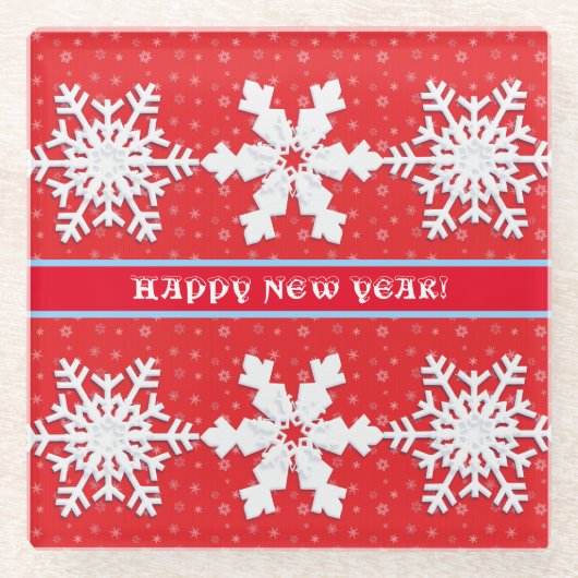 新年おめでとう!冬の白い雪片の赤い模様 ガラスコースター (正面)
