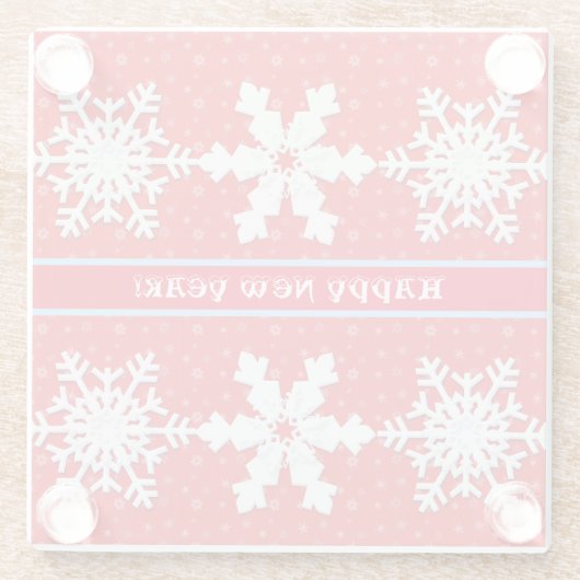 新年おめでとう!冬の白い雪片の赤い模様 ガラスコースター (裏面)