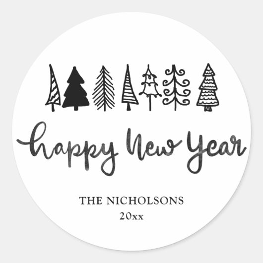 新年おめでとう |手書きのモダン休日 ラウンドシール (正面)