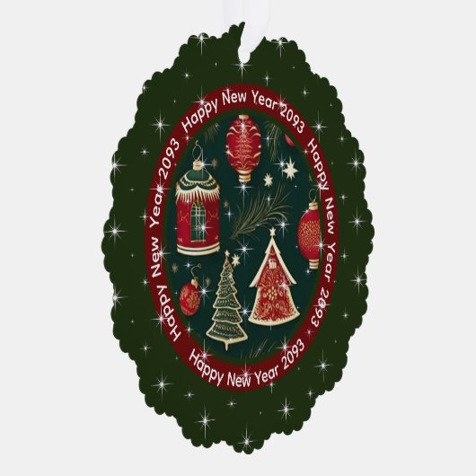 新年おめでとう:暗赤色の森の緑パーソナライズされた オーナメントカード (右)