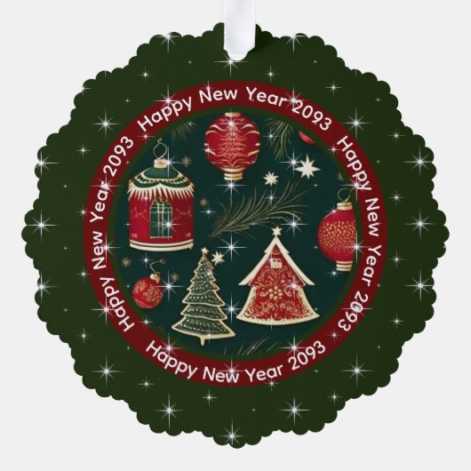 新年おめでとう:暗赤色の森の緑パーソナライズされた オーナメントカード (裏面)