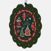 新年おめでとう:暗赤色の森の緑パーソナライズされた オーナメントカード (左)