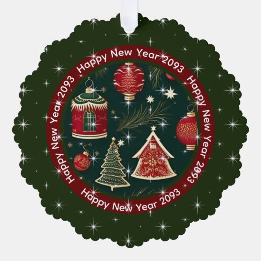 新年おめでとう:暗赤色の森の緑パーソナライズされた オーナメントカード (正面)