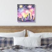 新年おめでとう | 花火の打ち上げ 市街の夜 水彩画 キャンバスプリント (インサイチュ (寝室))