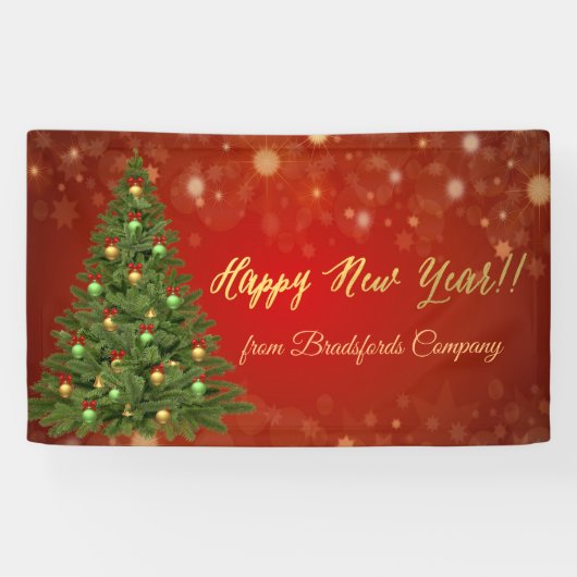 新年おめでとう、赤、クリスマスツリー 横断幕 (横)
