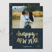 新年おめでとう |金ゴールドと青の新年写真 シーズンカード (正面/裏面)