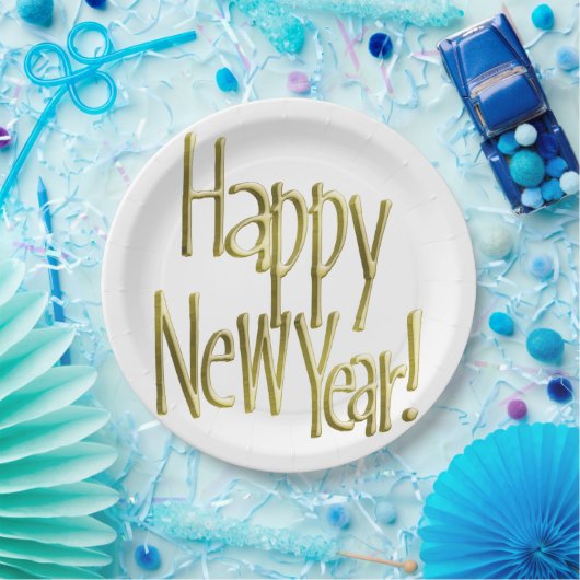 新年おめでとう – 金ゴールド文字（背景色を追加） ペーパープレート (パーティー)