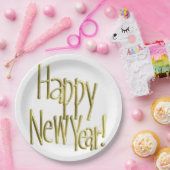 新年おめでとう – 金ゴールド文字（背景色を追加） ペーパープレート (パーティー)