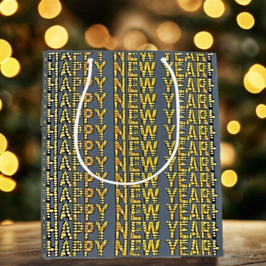 新年おめでとう 黄色+金色 ミディアムペーパーバッグ