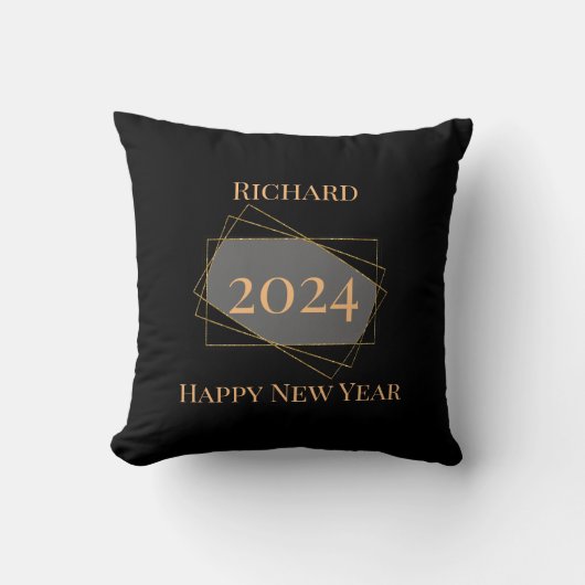 「新年おめでとう」黒スタイリッシュ金ゴールドパーソナライズされたT クッション (正面)