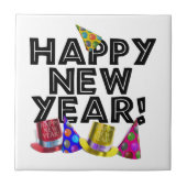 新年おめでとう - 黒文字とパーティーハット タイル (正面)